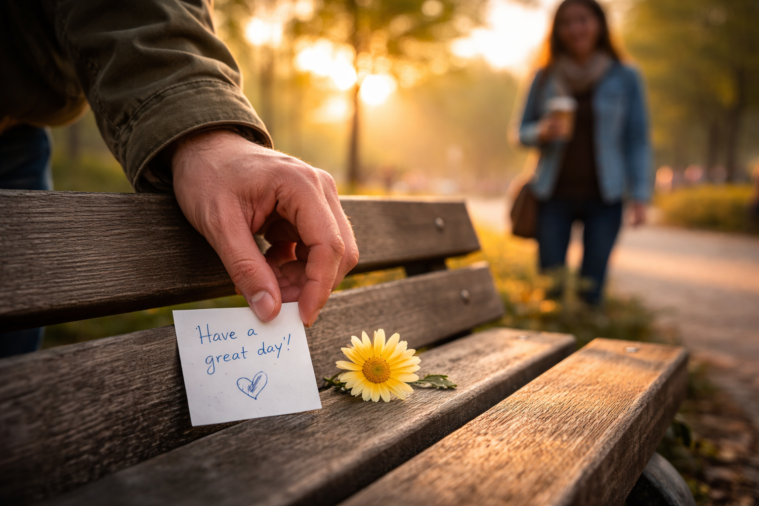 Eine Hand legt einen Zettel mit der Aufschrift 'Have a great day!' und eine gelbe Blume auf eine Parkbank. Im Hintergrund ist