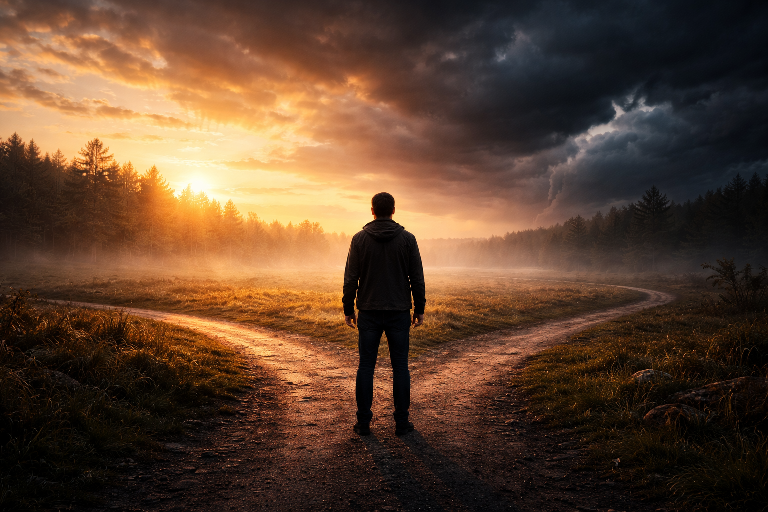 Person steht auf einem Feldweg und blickt auf einen dramatischen Sonnenuntergang mit dunklen Wolken. Der Weg führt durch eine