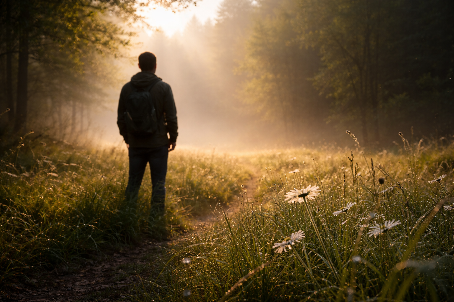 Eine Person steht auf einem nebligen Waldweg im Gegenlicht der Sonne. Im Vordergrund sind Gräser und weiße Blüten zu sehen.