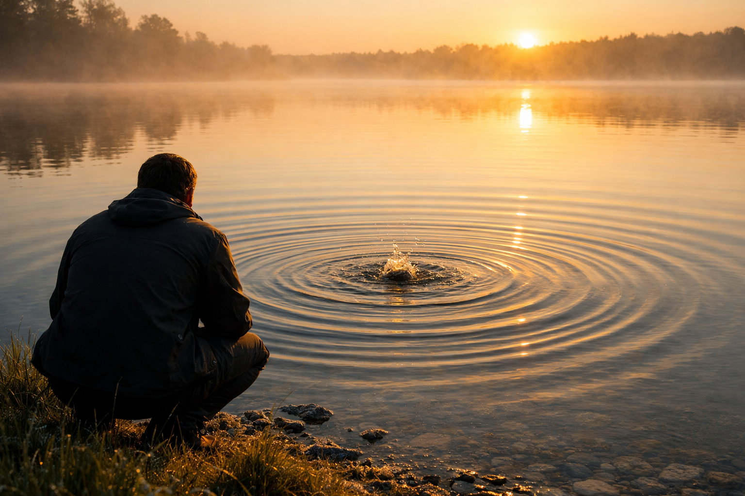 Eine Person sitzt bei Sonnenaufgang am Ufer eines stillen Sees und beobachtet die Wellen im goldenen Licht. Die Szene zeigt e