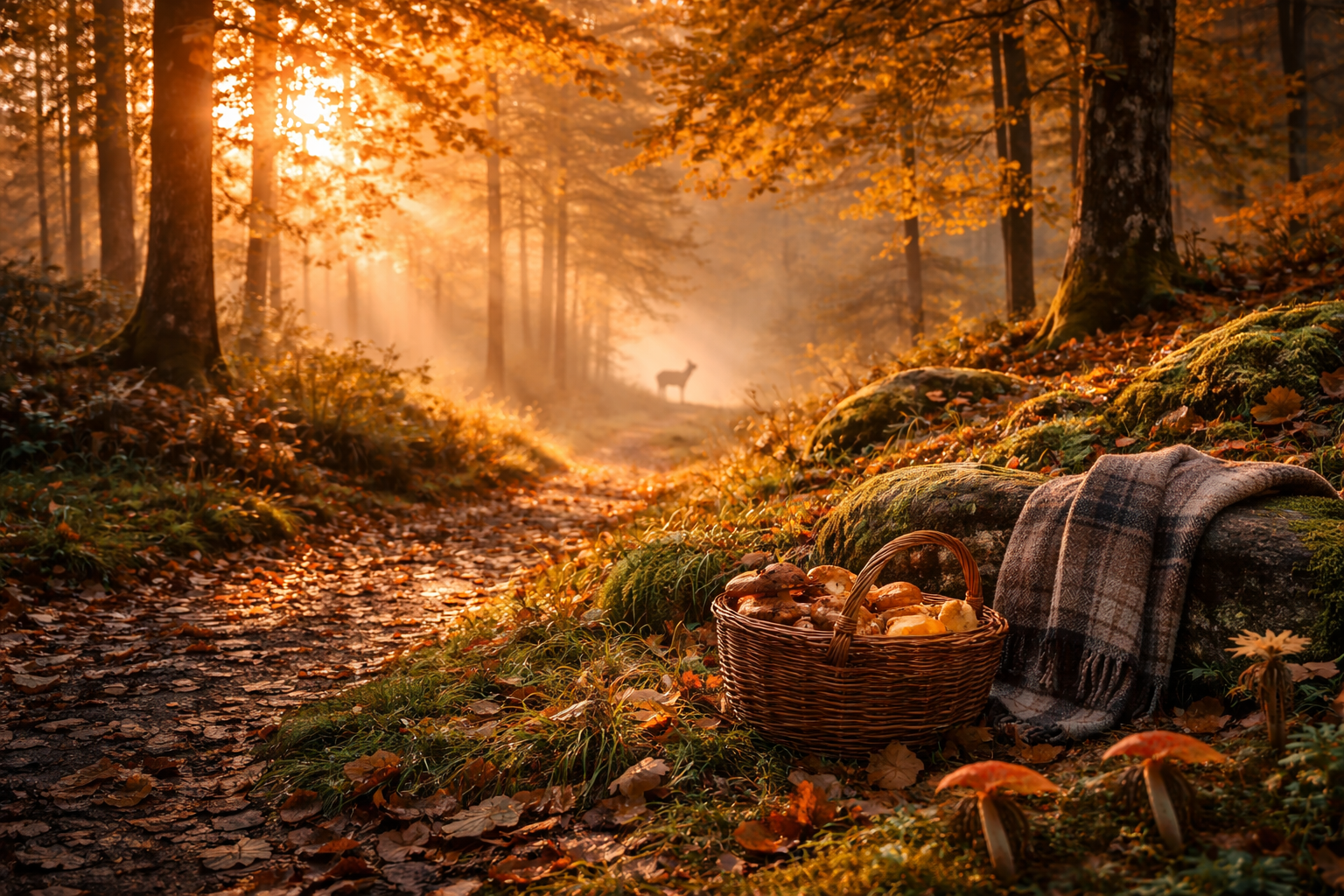 Herbstlicher Waldweg mit Pilzkorb und Decke im warmen Sonnenlicht. Ein Reh ist in der nebligen Ferne zwischen den Bäumen zu s