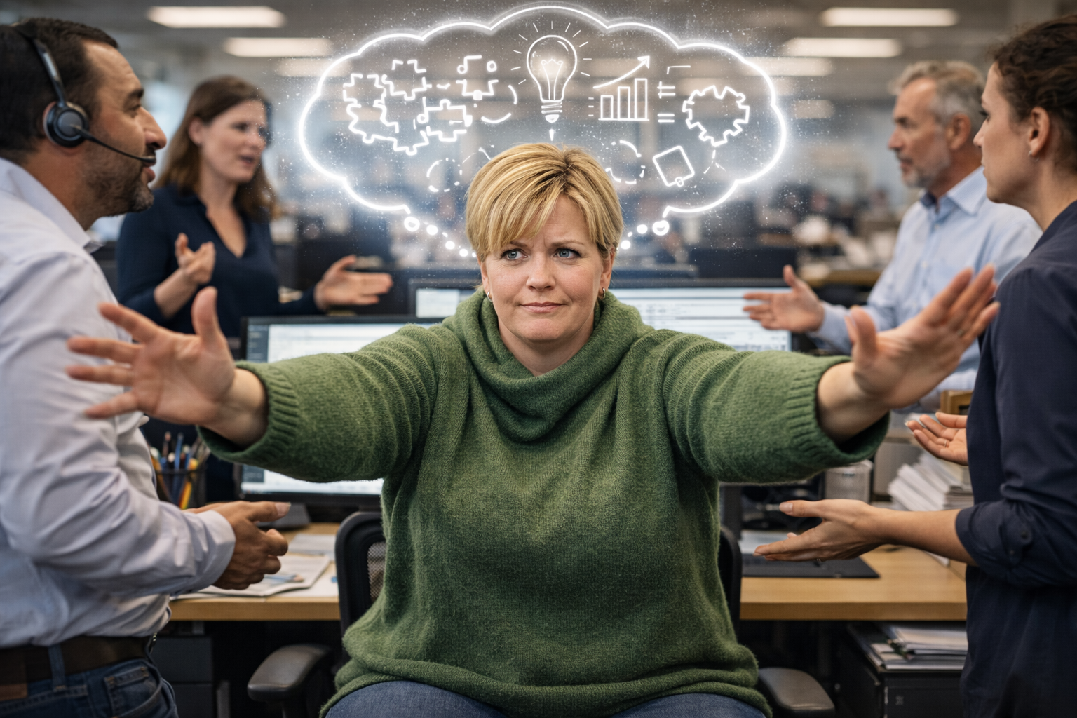 Eine Frau im grünen Pullover sitzt zwischen Kollegen im Büro mit ausgestreckten Armen und einer Gedankenblase mit Geschäftsid