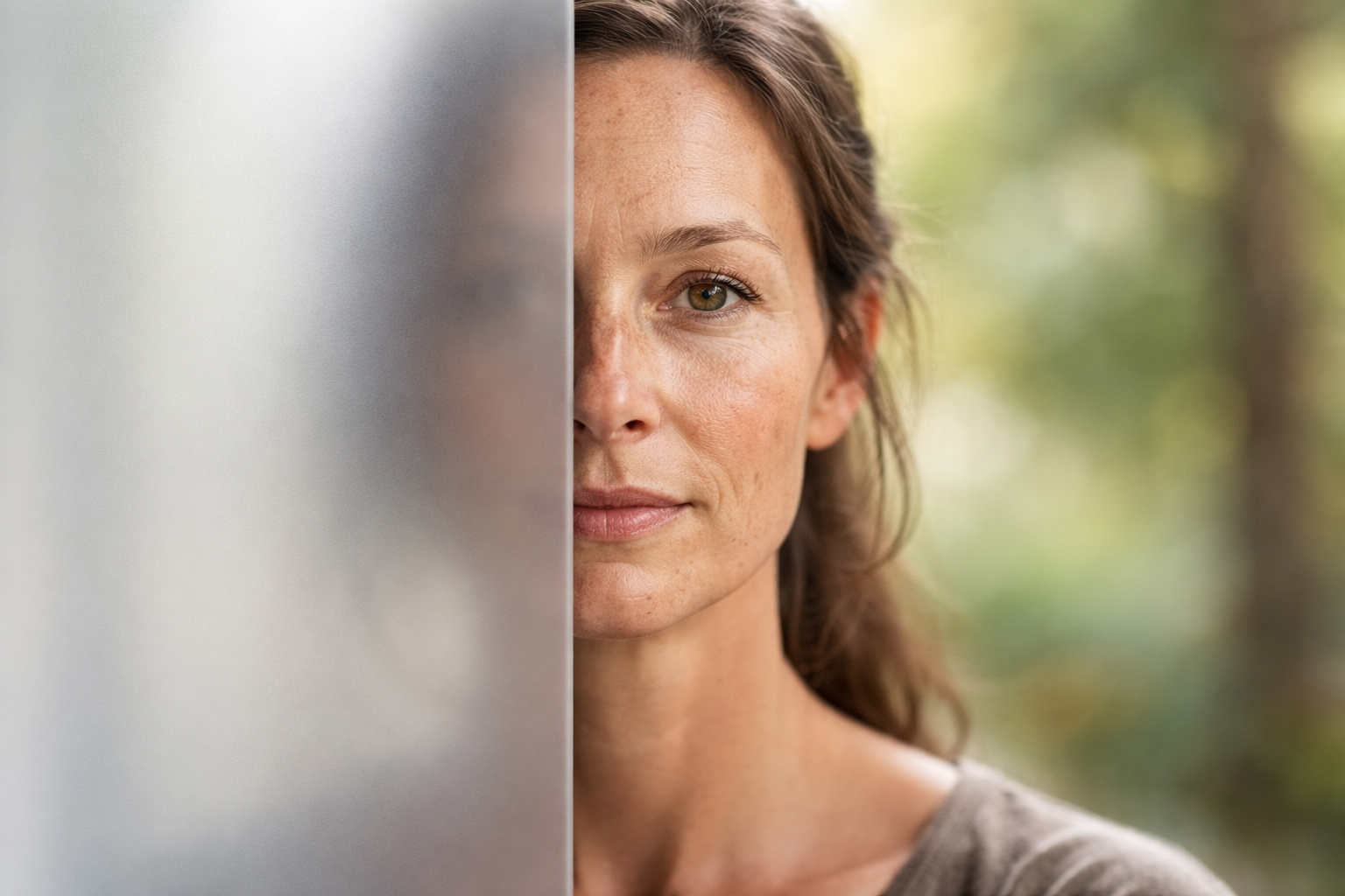 Portrait of a middle-aged woman with a natural presence in three-quarter profile. Warm daylight illuminates her face with