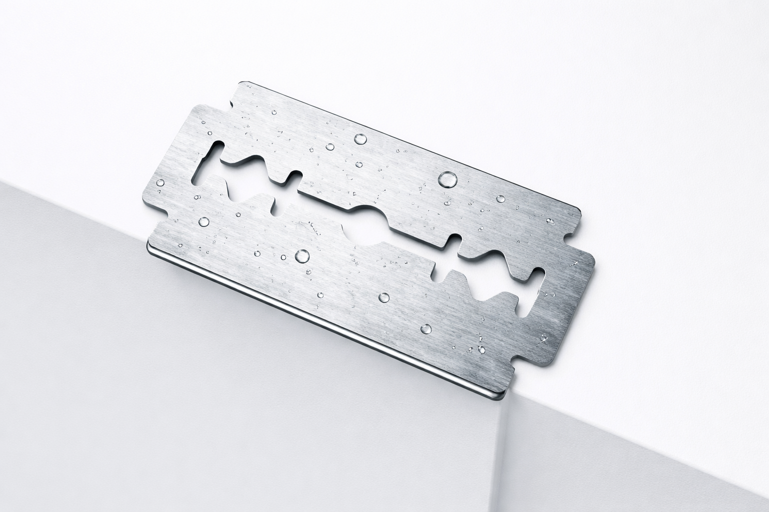 Eine nasse Rasierklinge aus Metall liegt auf weißer Oberfläche. Wassertropfen sind auf der silbernen Klinge sichtbar.