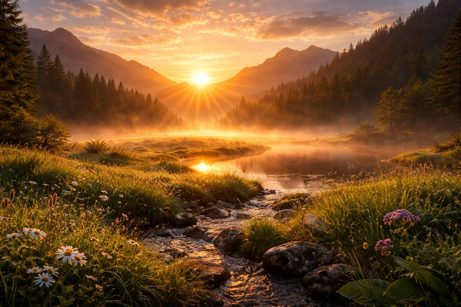 Sunrise over a mountain valley with stream, meadows, and fog. Warm golden light floods the landscape with mountains and conifers.