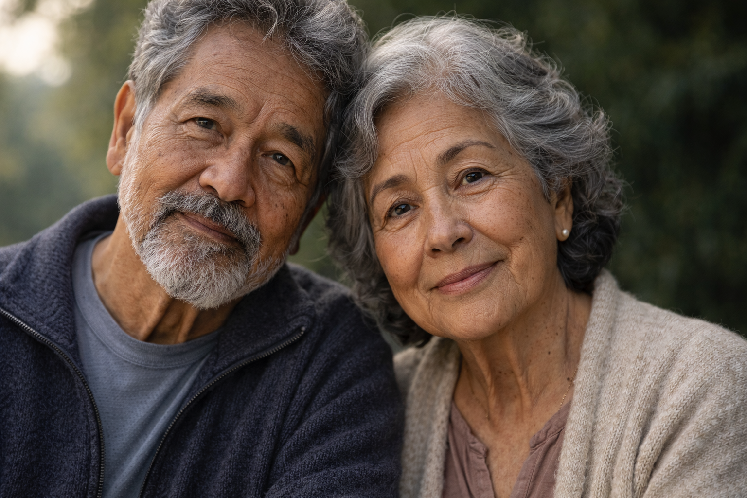 Portrait eines älteren Paares mit grauen Haaren, das eng beieinander sitzt und in die Kamera lächelt. Beide tragen warme Stri