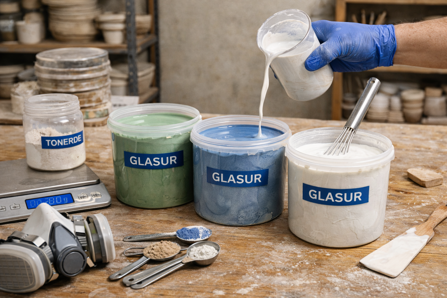 Eine Person mit blauen Handschuhen gießt weiße Glasur aus einem Behälter in einen anderen. Auf dem Arbeitstisch stehen mehrer