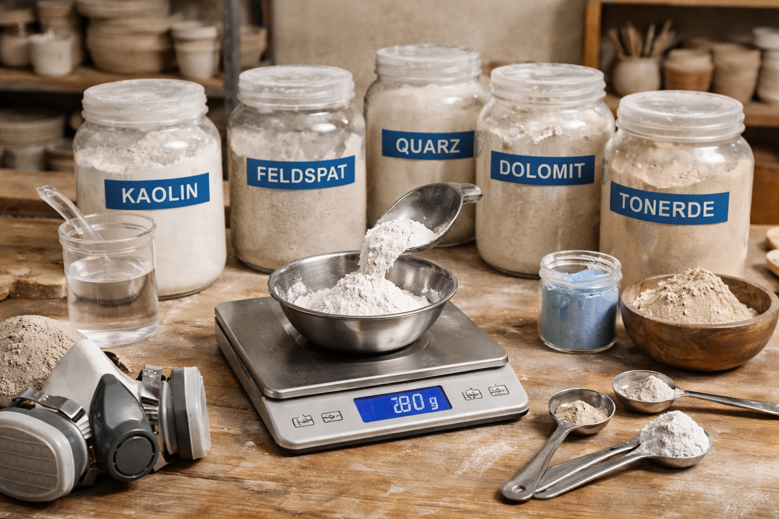 A potter's workspace with jars of various minerals such as kaolin, feldspar, quartz, dolomite, and alumina. A digital