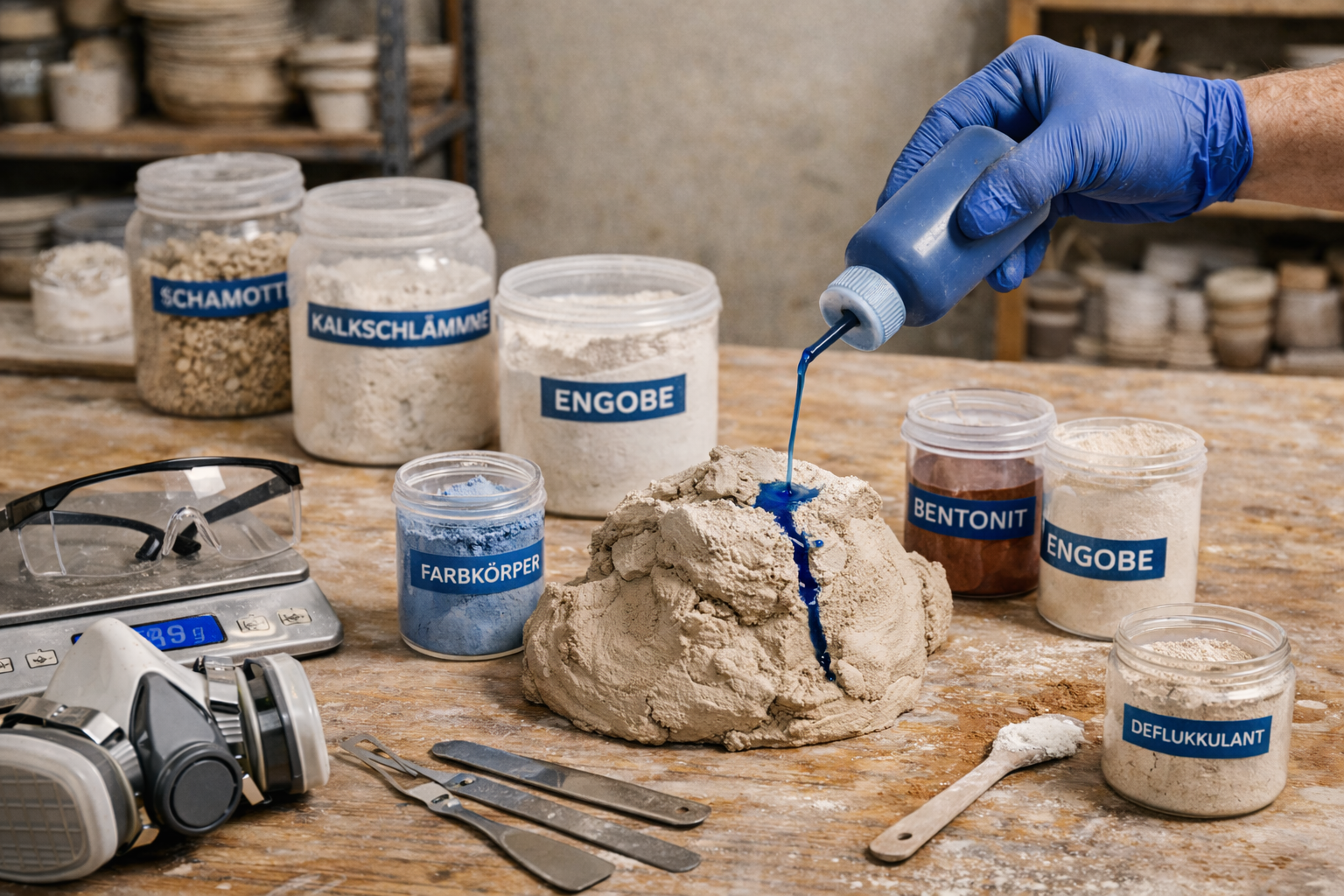 Person in blauen Handschuhen arbeitet mit Ton und verschiedenen keramischen Materialien in einem Töpferstudio. Mehrere beschr