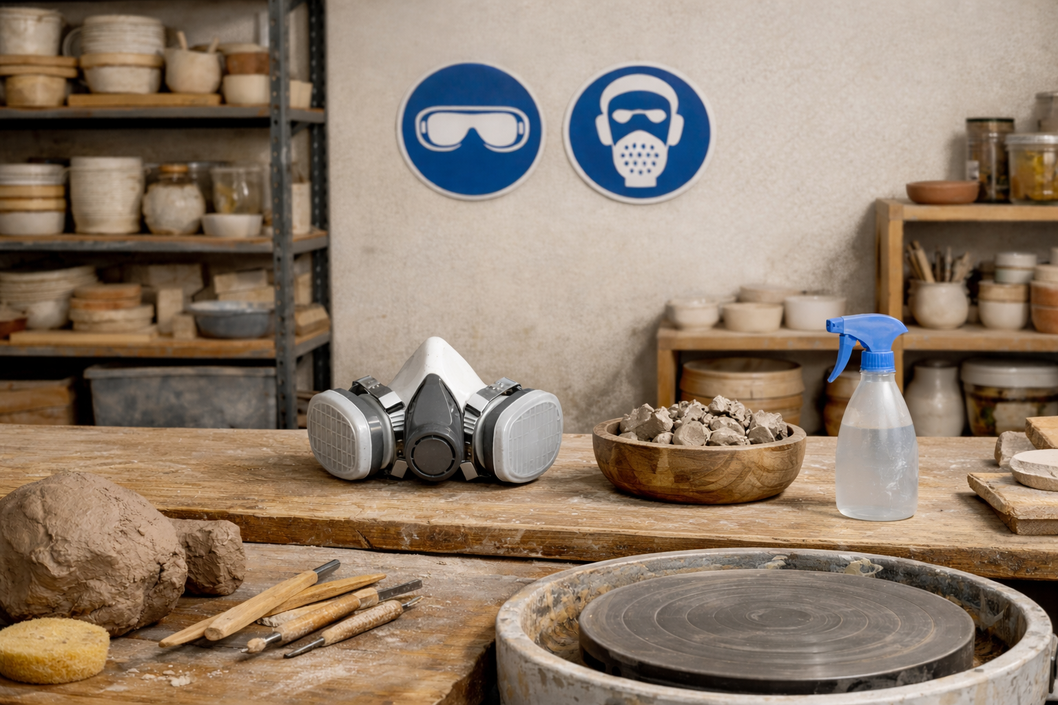 配备安全设备的陶艺工作室：呼吸防护面罩、陶轮和墙上的安全标志。架子上摆放着陶器
