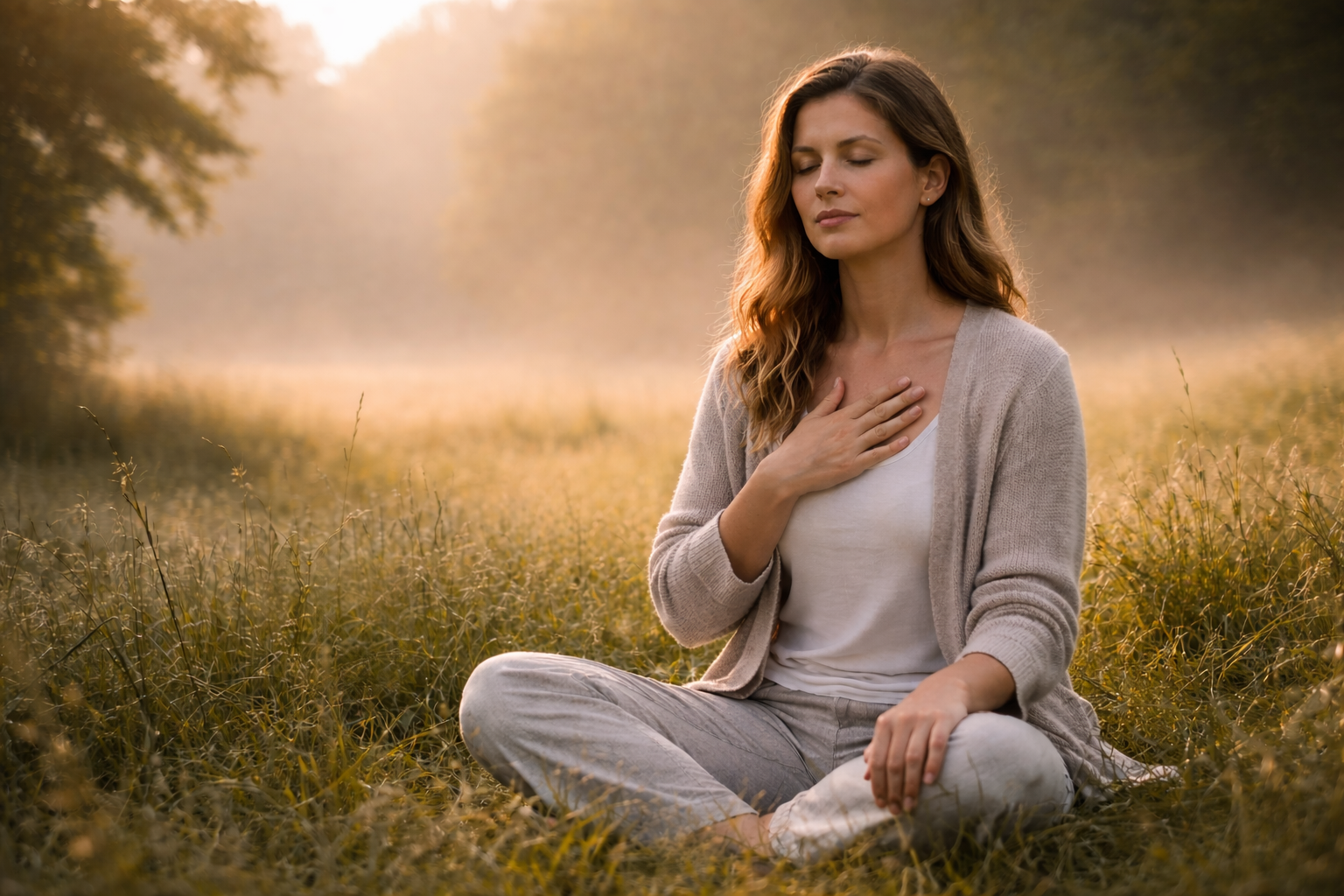 Woman sitting cross-legged in a meadow, meditating with closed eyes and one hand on her chest. Warm sun