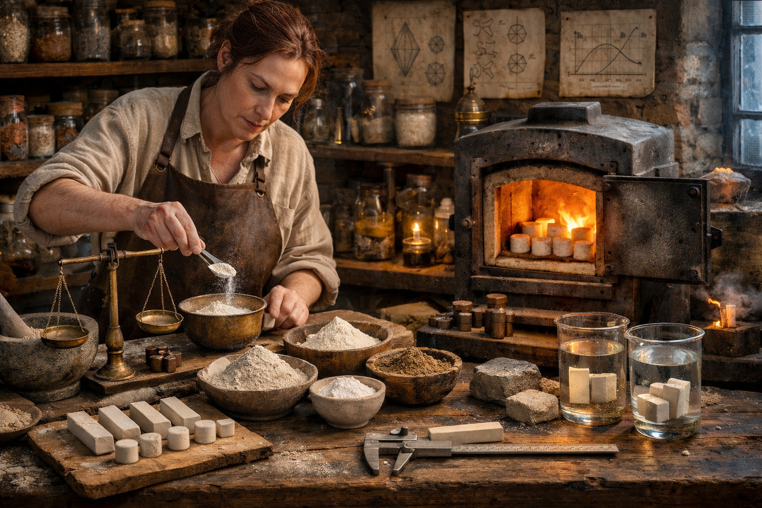 Eine Frau in historischer Kleidung arbeitet in einer alten Werkstatt mit Waage, Schüsseln und Materialien. Im Hintergrund bre