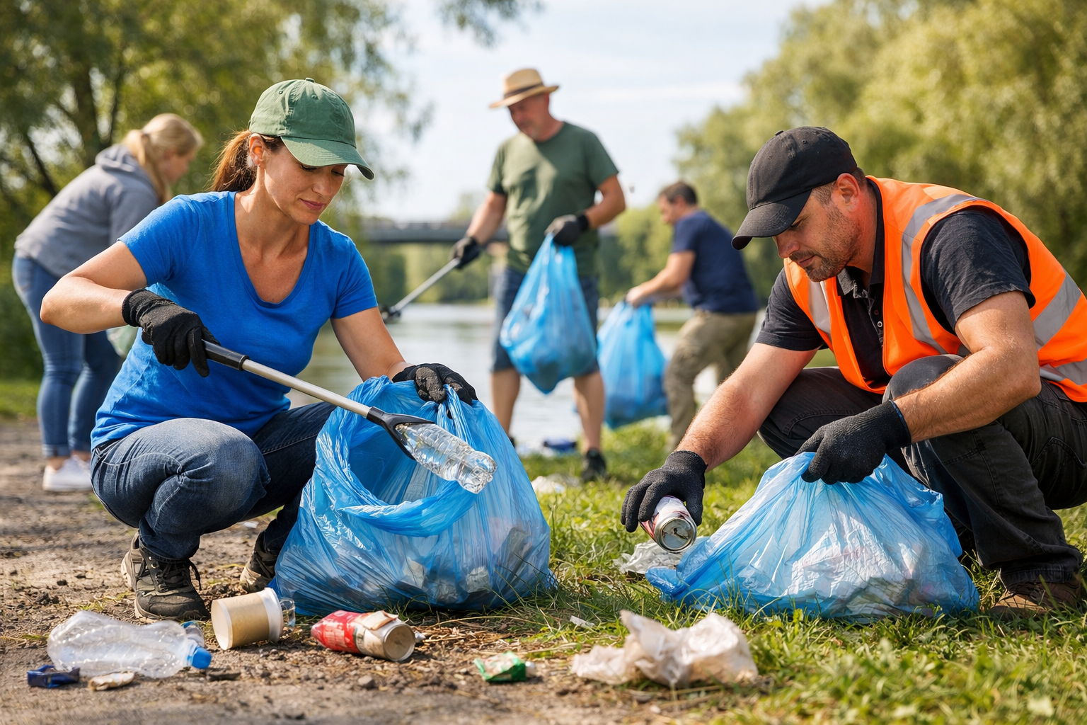 Zwei Personen sammeln mit Greifzangen Abfall in blaue Müllsäcke. Im Hintergrund sind weitere Freiwillige bei einer Müllsammel