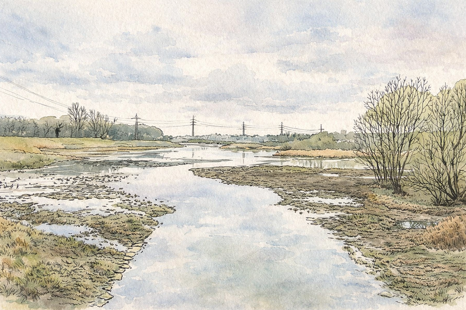 Aquarellzeichnung einer Flusslandschaft mit Strommasten und spärlicher Vegetation. Im Hintergrund sind Industrieanlagen und S